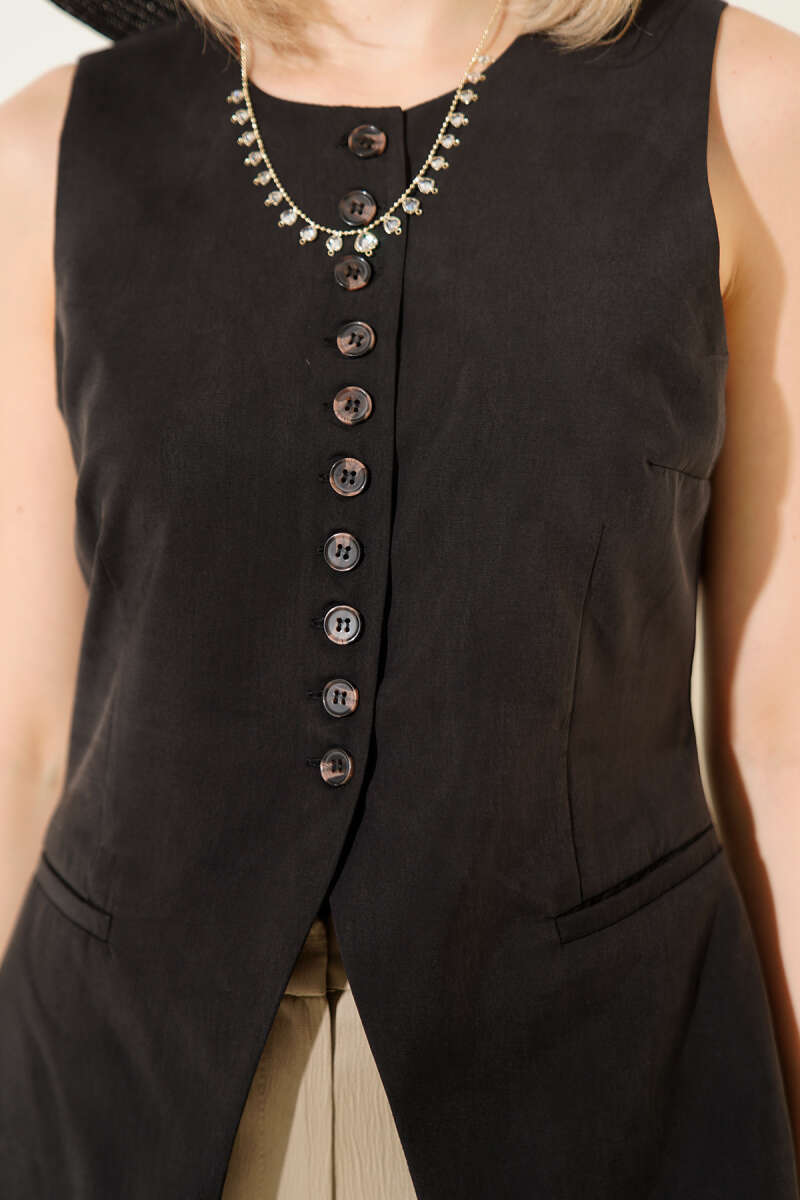 Tencel Vest with Mini Buttons - Black