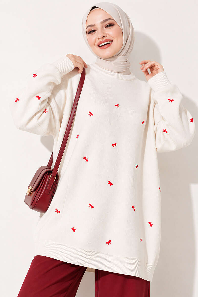 Knit Tunic with Mini Bows - Stone