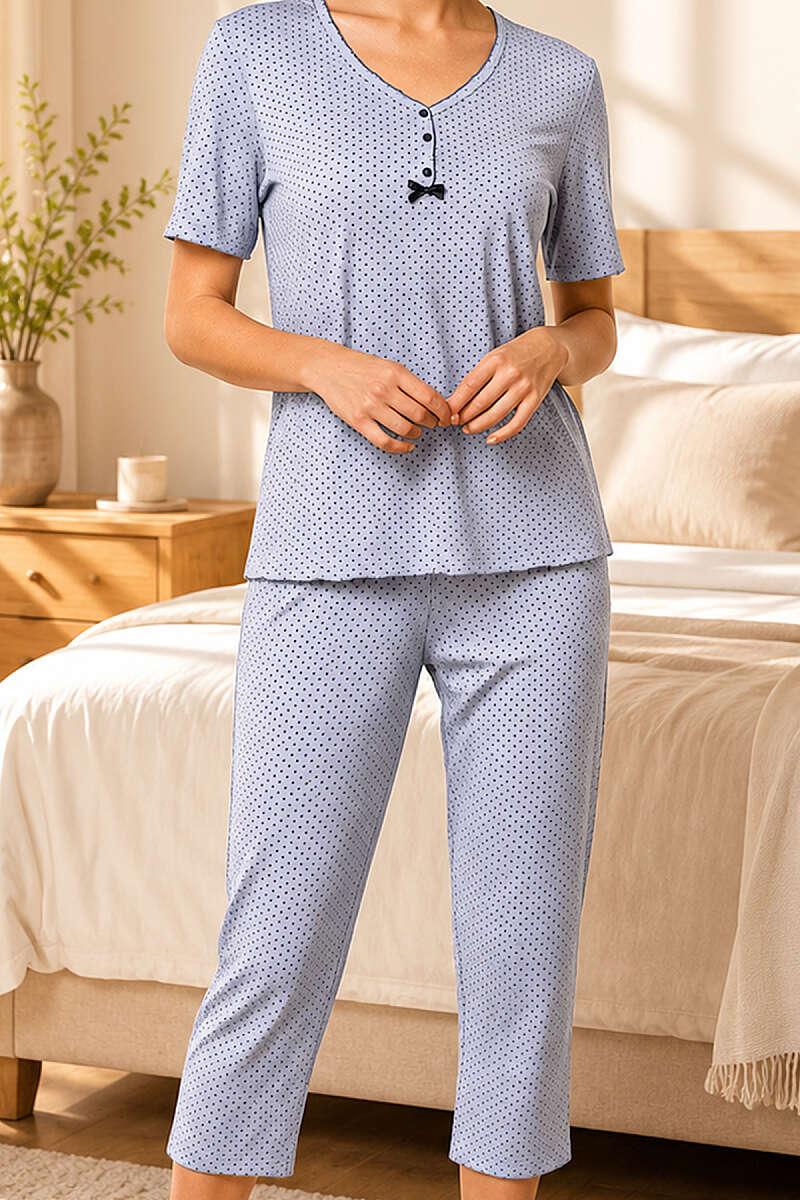 Mini Polka Dot Bow Short-Sleeve Pyjama Set - Light Blue