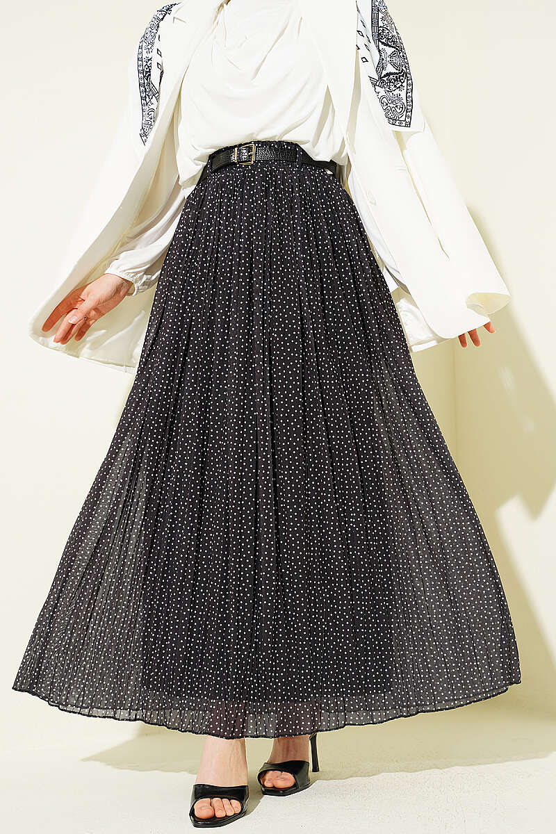 Belted Pleated Mini-Dot Skirt - Black