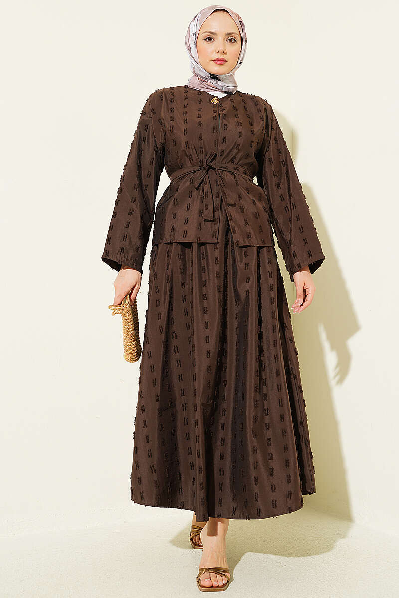 Two-Piece Skirt Set with Mini Tassels - Brown