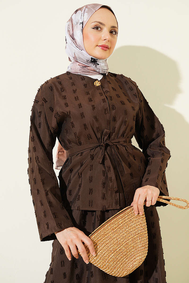 Two-Piece Skirt Set with Mini Tassels - Brown