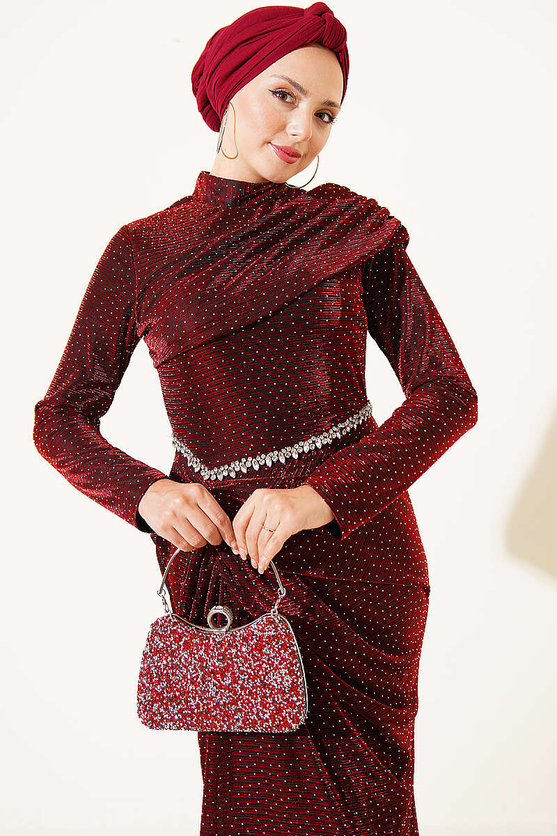 Evening Dress with Mini Stones - Burgundy