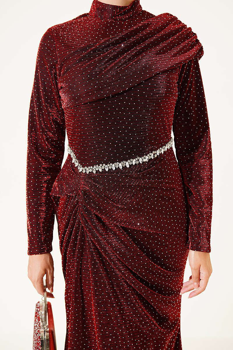 Evening Dress with Mini Stones - Burgundy