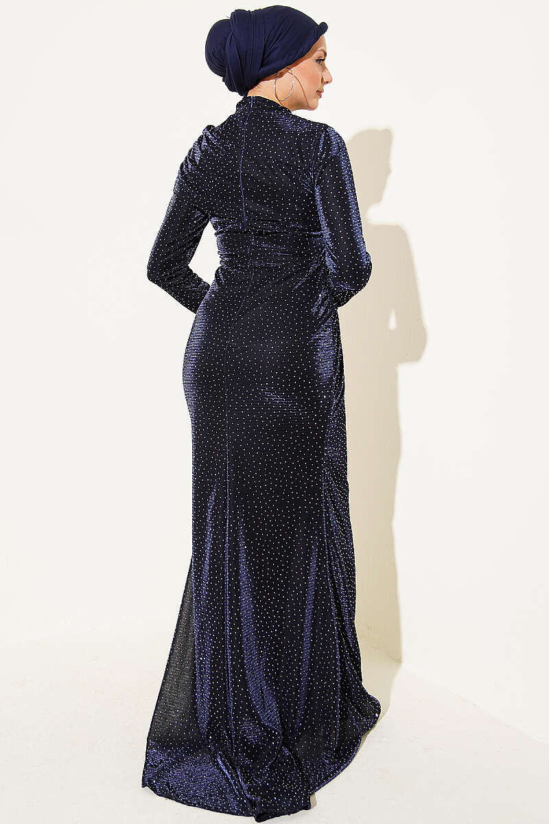 Evening Dress with Mini Stones - Navy