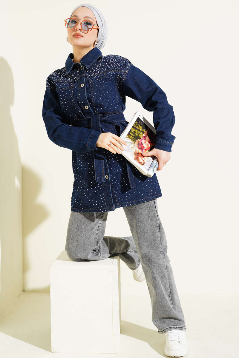 Belted Jacket with Mini Stones - Dark Blue