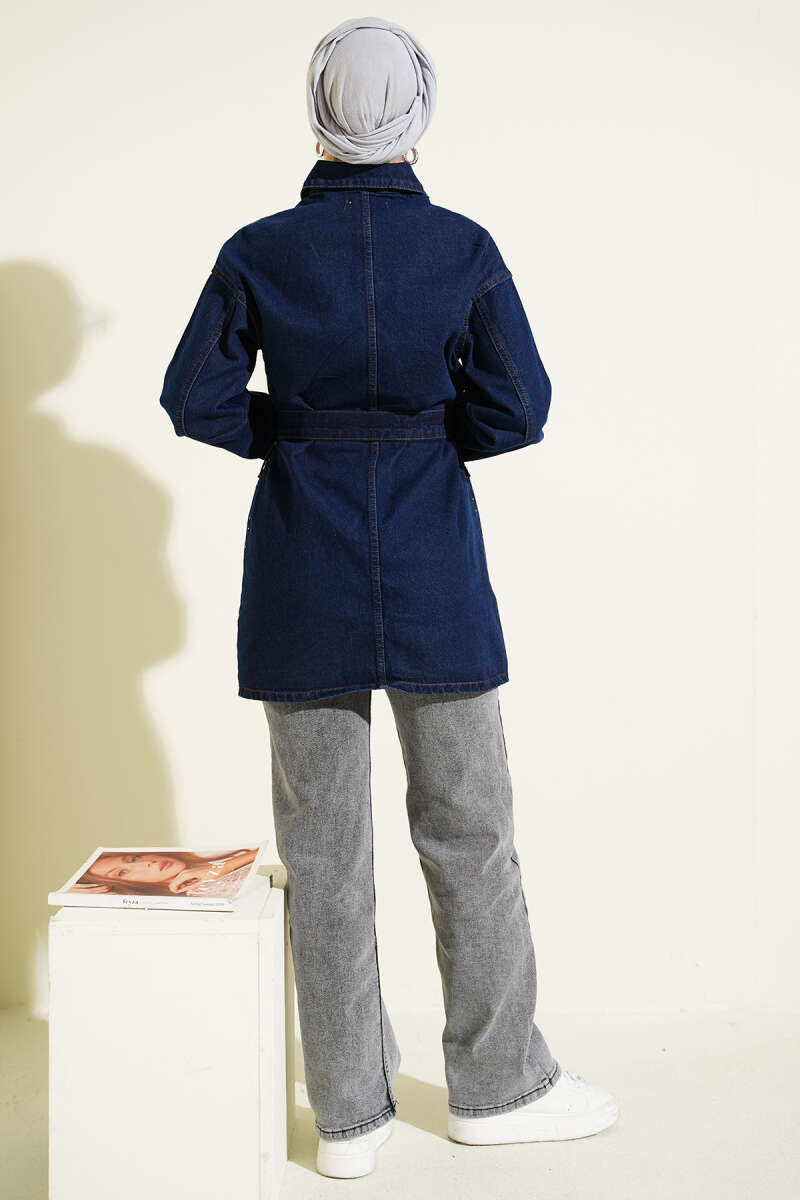 Belted Jacket with Mini Stones - Dark Blue