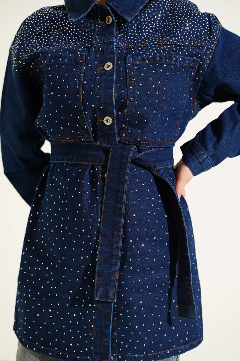 Belted Jacket with Mini Stones - Dark Blue