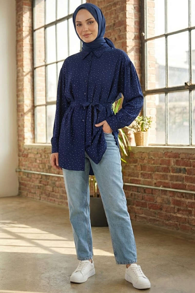 Belted Shirt with Mini Stones - Navy