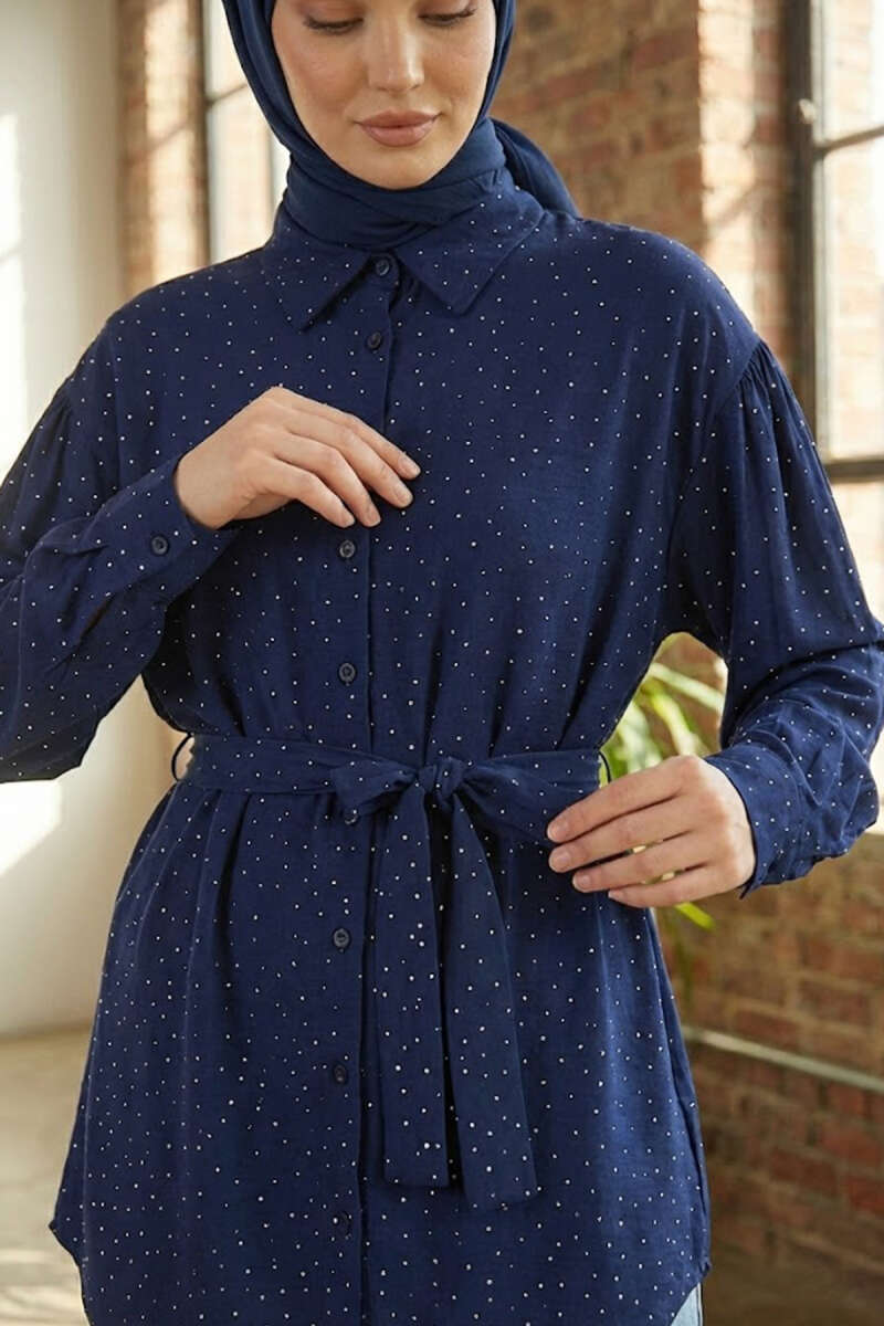 Belted Shirt with Mini Stones - Navy