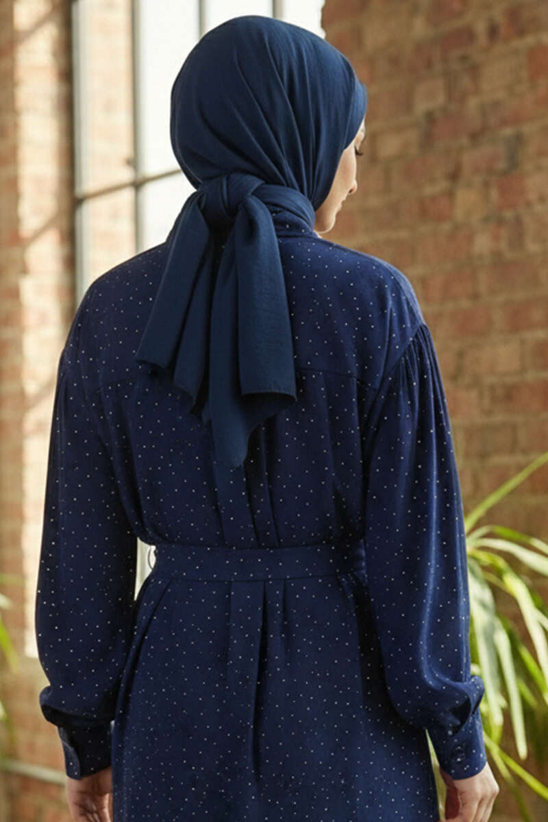 Belted Shirt with Mini Stones - Navy