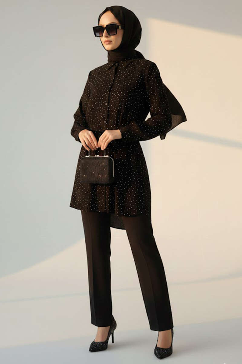 Belted Shirt with Mini Stones - Black