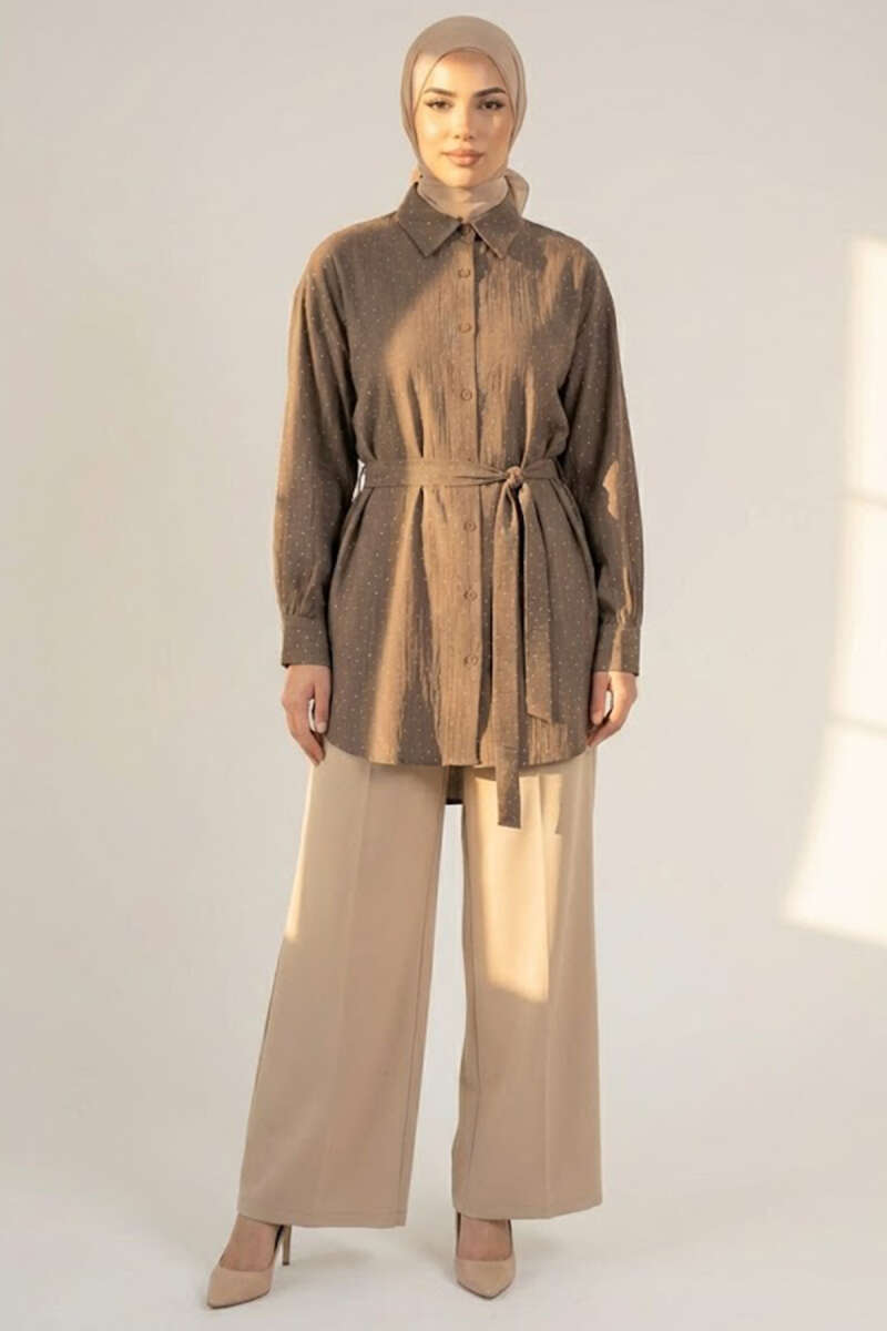 Belted Shirt with Mini Stones - Mink