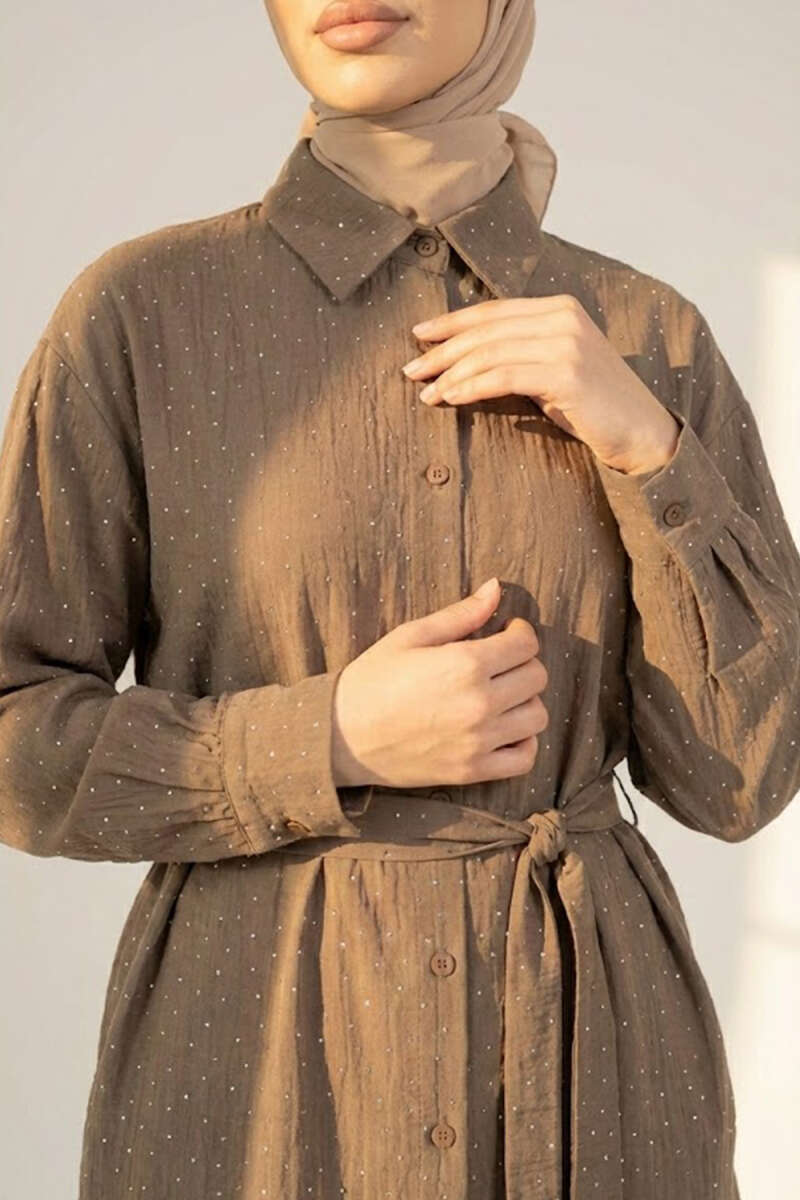 Belted Shirt with Mini Stones - Mink