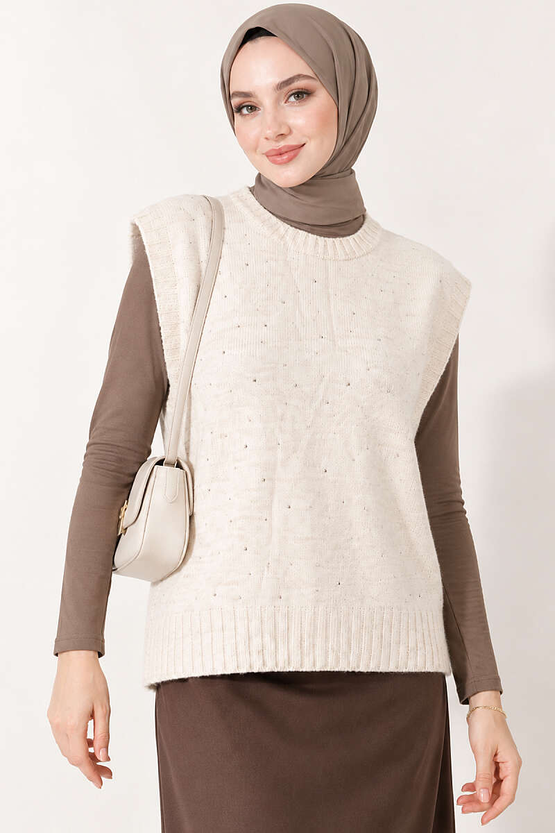 Knit Sweater with Mini Stones - Beige