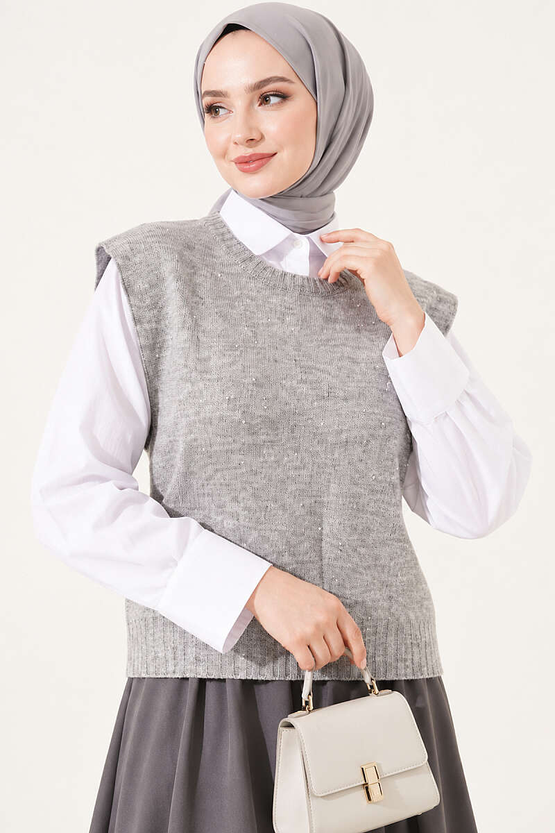 Knit Sweater with Mini Stones - Grey
