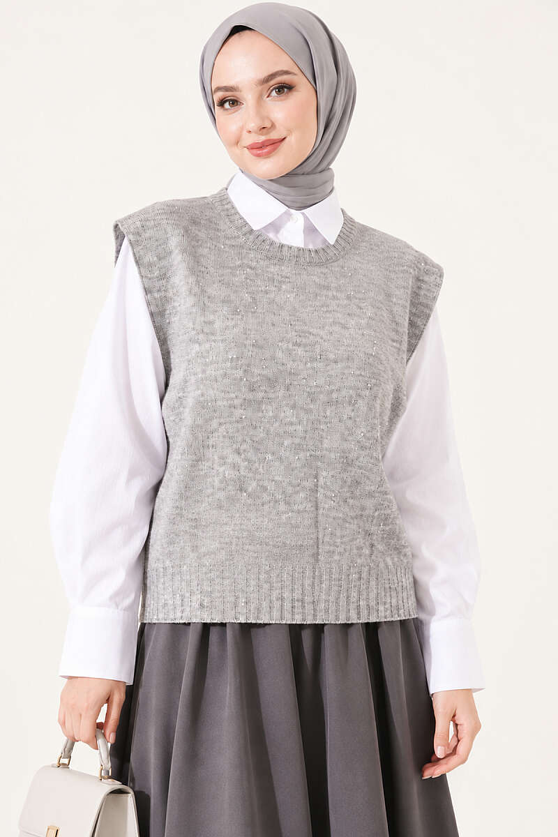 Knit Sweater with Mini Stones - Grey