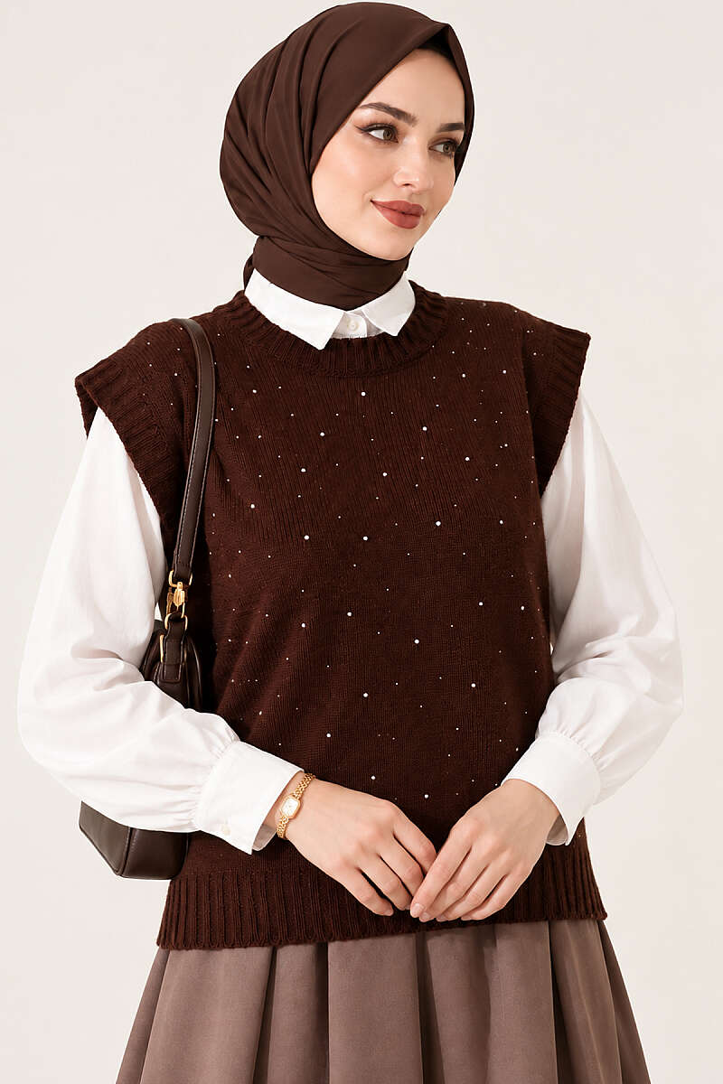 Knit Sweater with Mini Stones - Brown