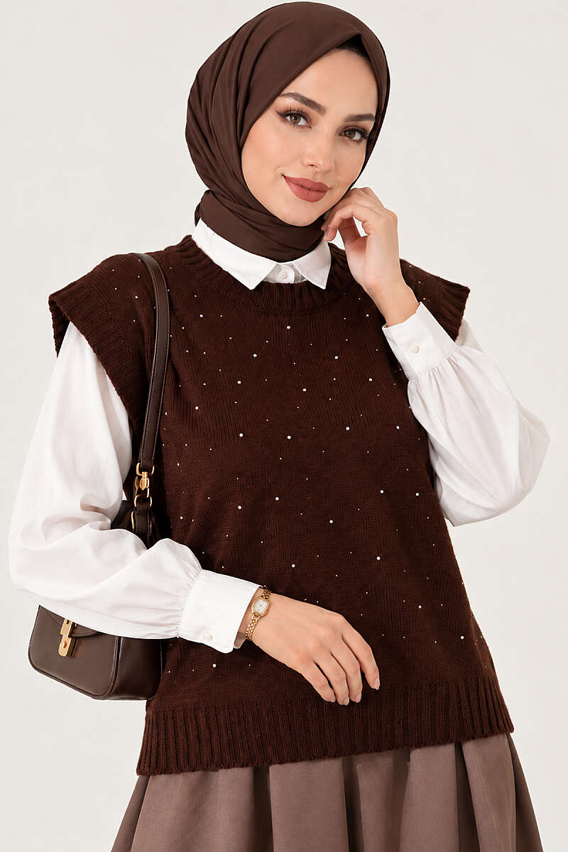Knit Sweater with Mini Stones - Brown