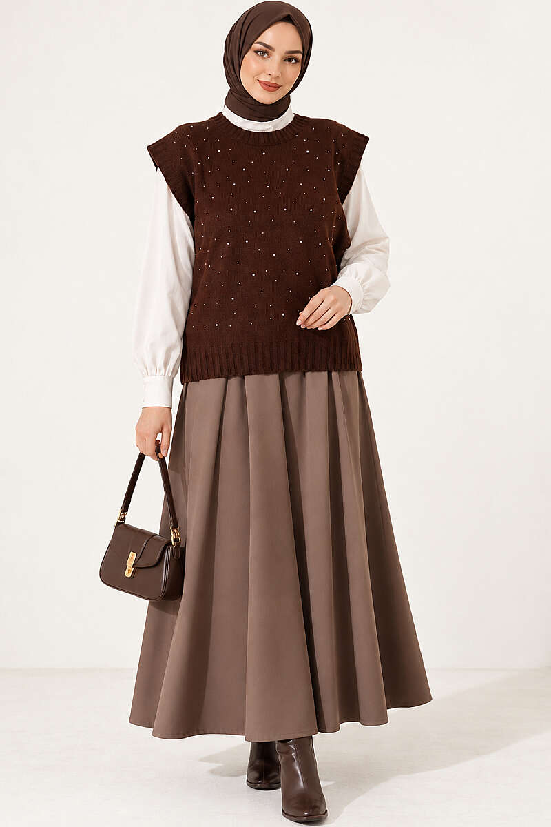 Knit Sweater with Mini Stones - Brown