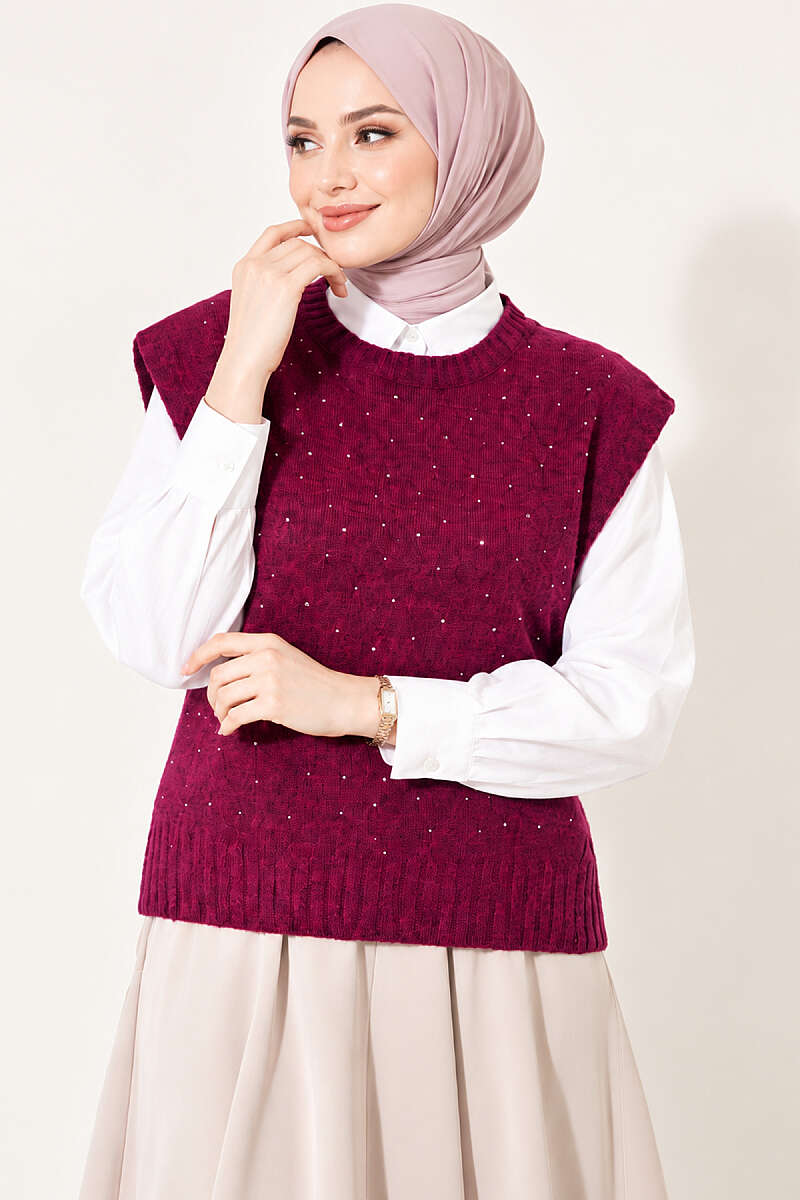 Knit Sweater with Mini Stones - Magenta