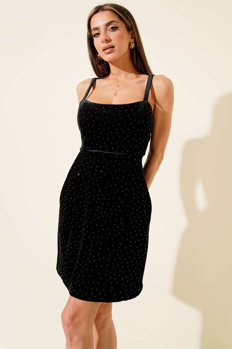 Strappy Velvet Dress with Mini Stones - Black