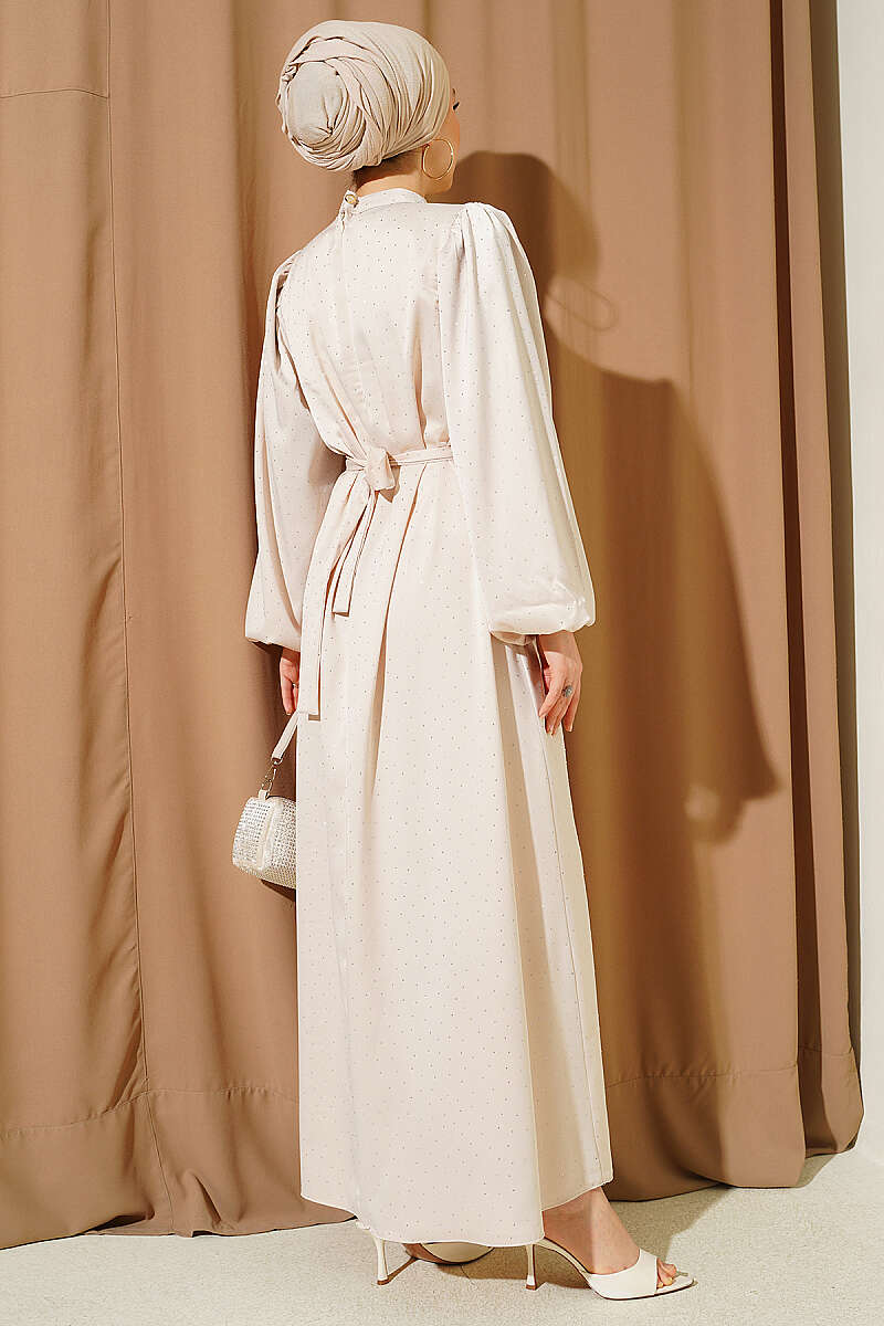 Balloon-Sleeve Satin Dress with Mini Stones - Beige