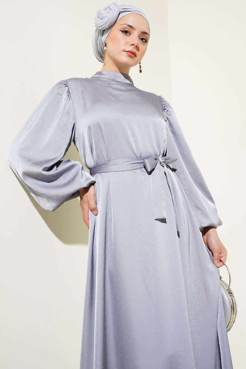 Balloon-Sleeve Satin Dress with Mini Stones - Grey