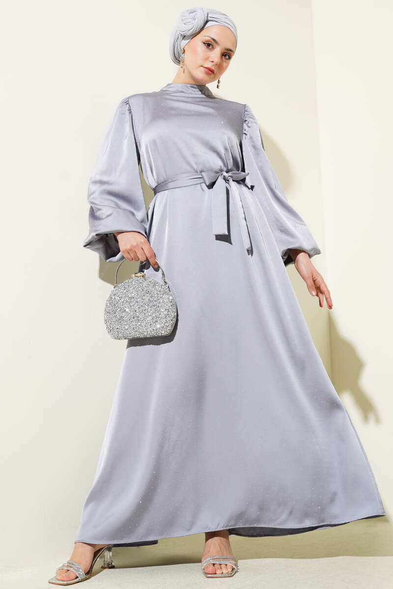 Balloon-Sleeve Satin Dress with Mini Stones - Grey