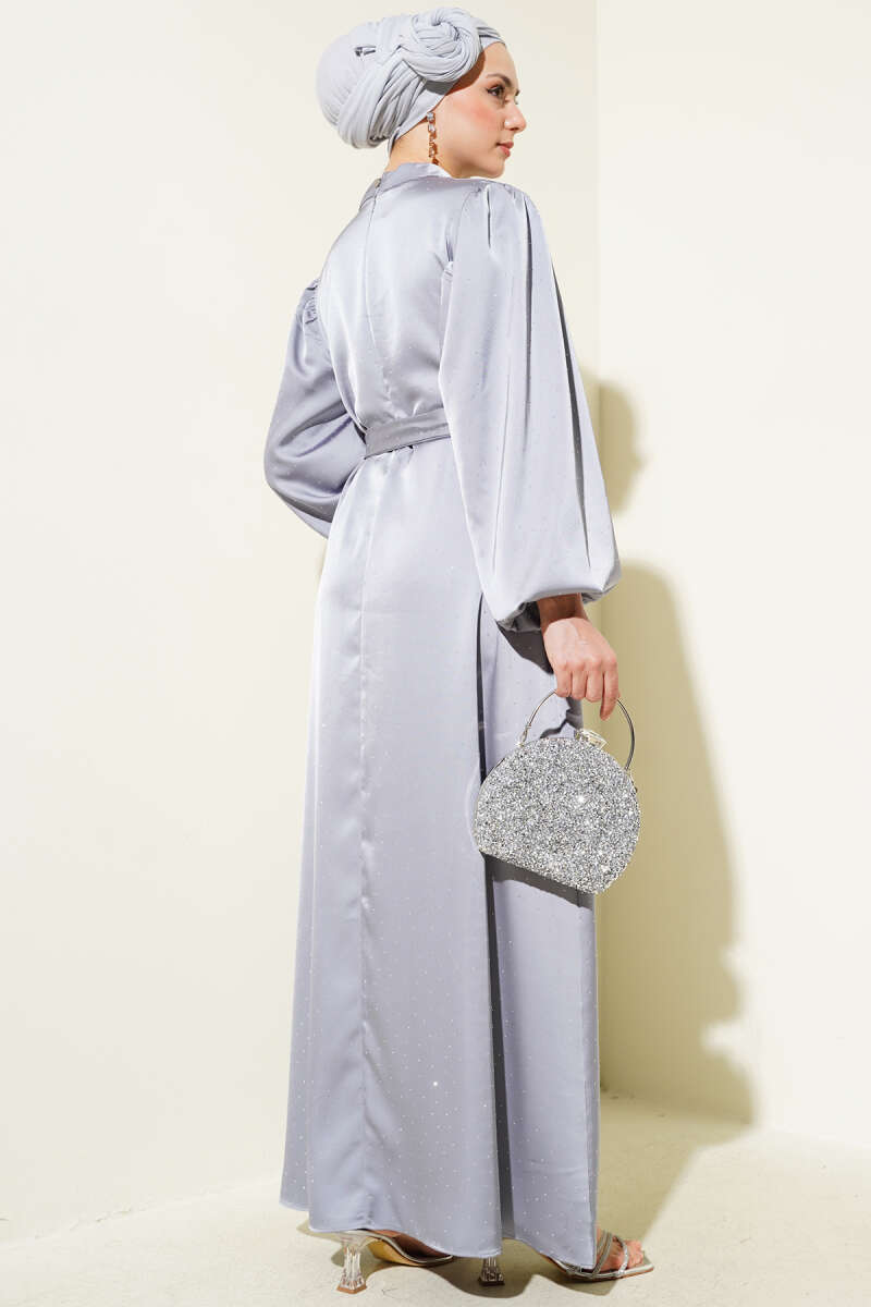 Balloon-Sleeve Satin Dress with Mini Stones - Grey