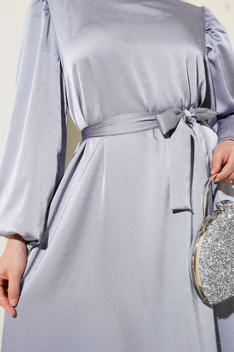 Balloon-Sleeve Satin Dress with Mini Stones - Grey