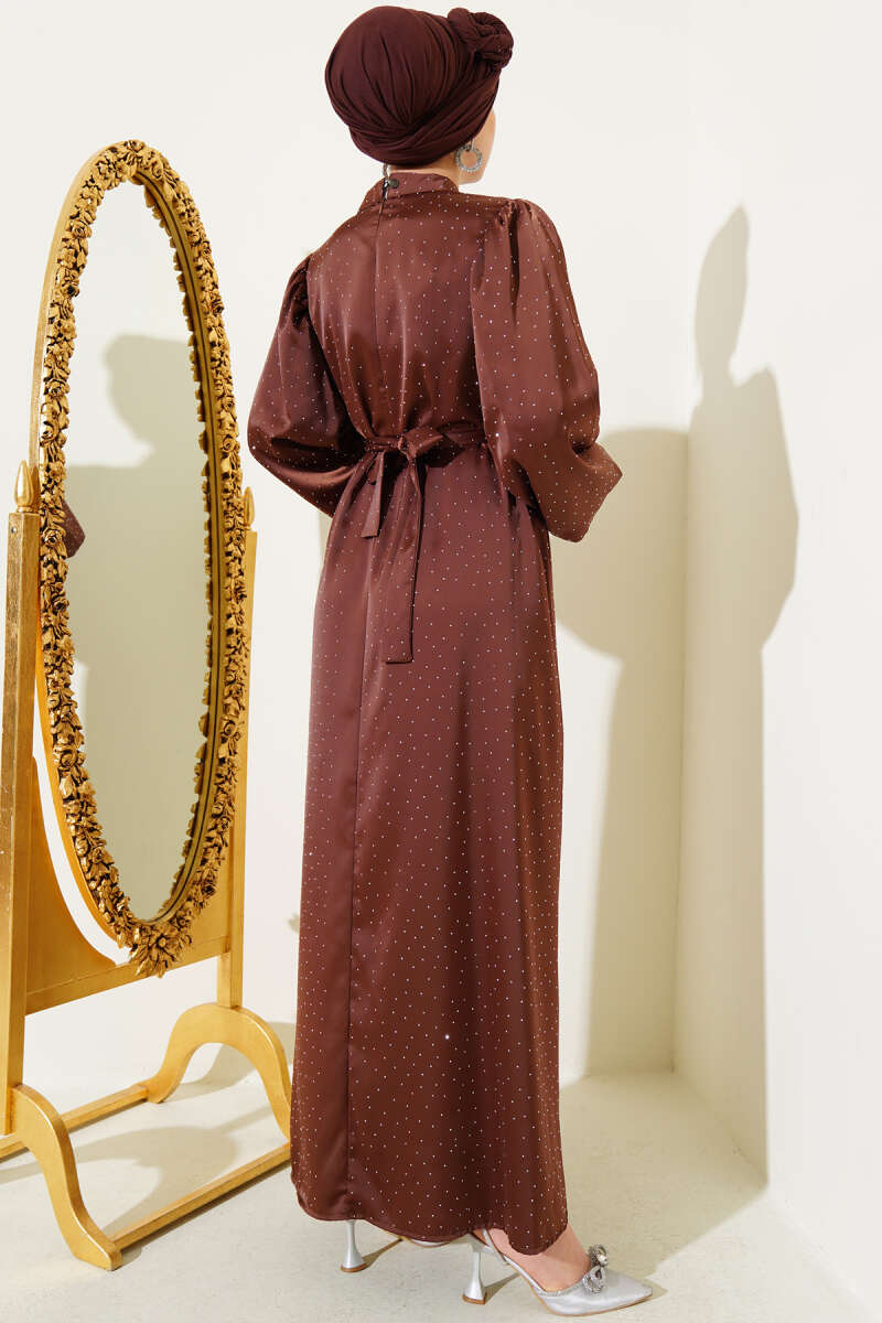 Balloon-Sleeve Satin Dress with Mini Stones - Brown