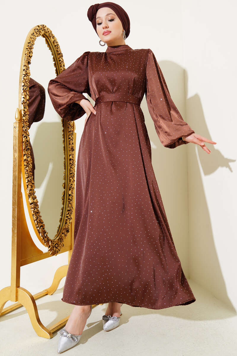 Balloon-Sleeve Satin Dress with Mini Stones - Brown