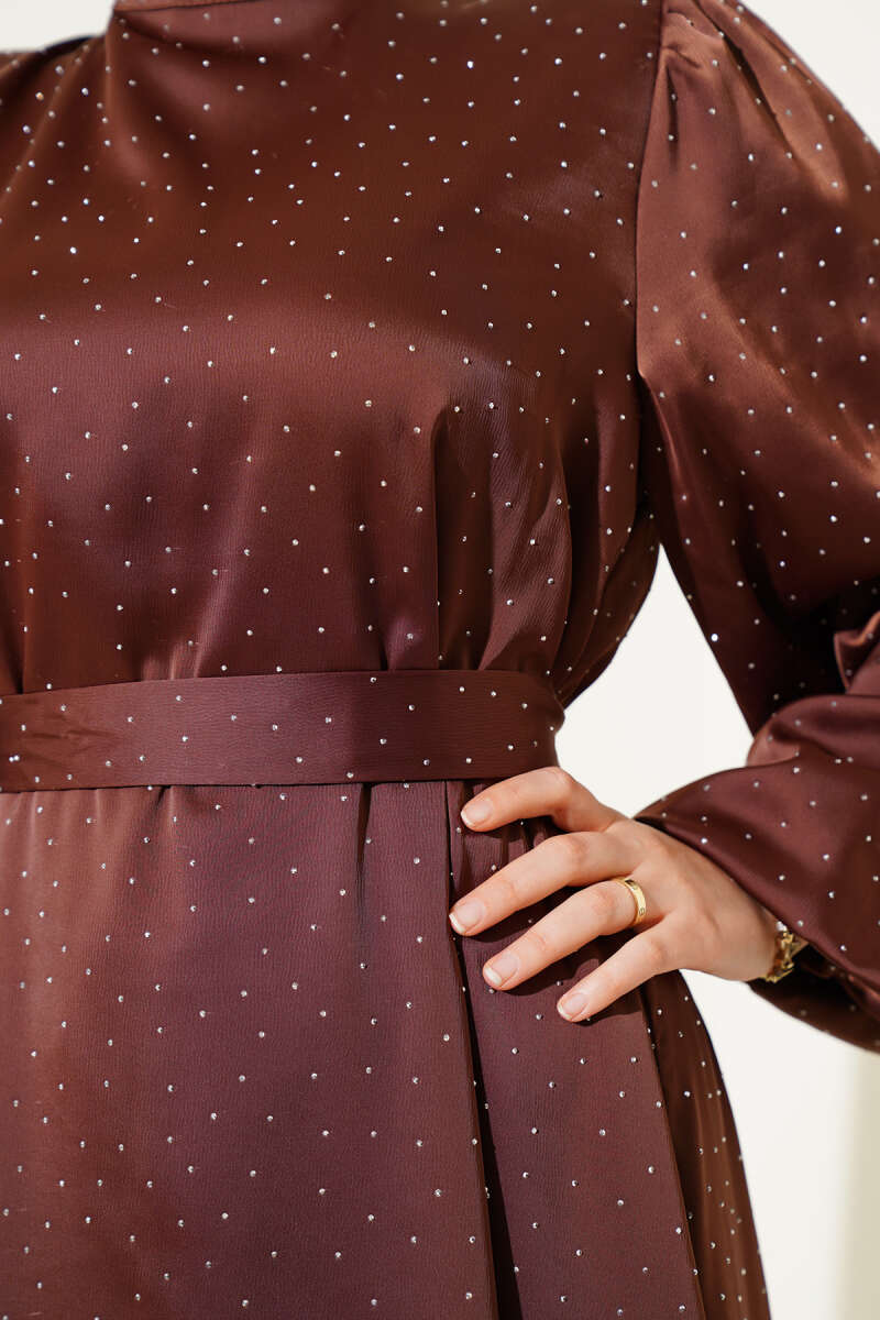 Balloon-Sleeve Satin Dress with Mini Stones - Brown