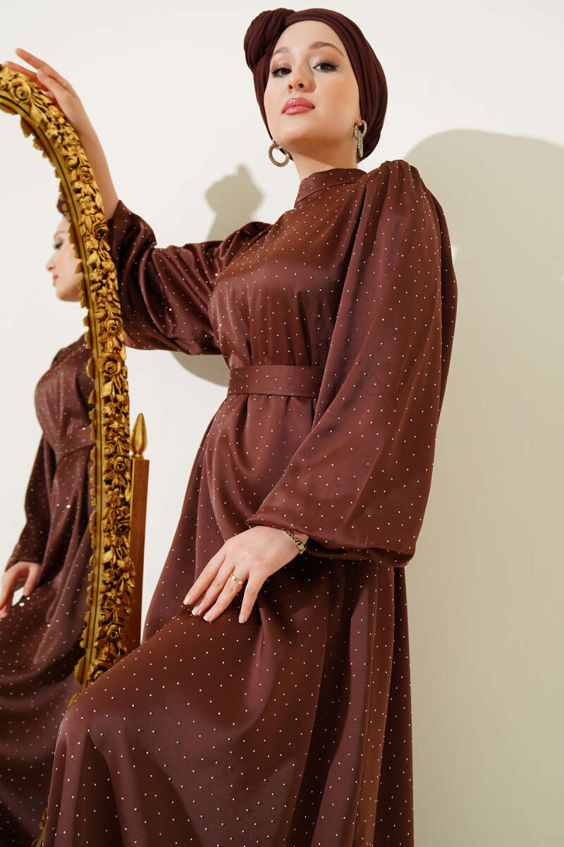 Balloon-Sleeve Satin Dress with Mini Stones - Brown