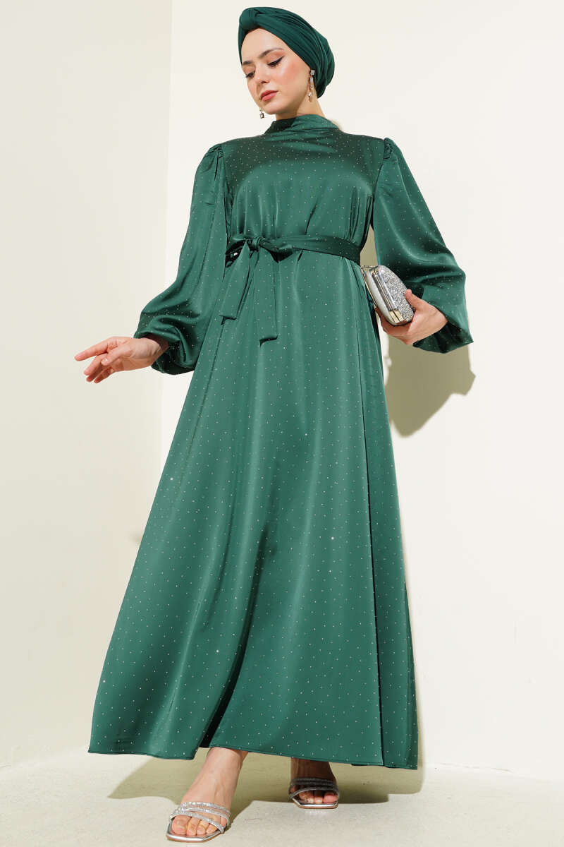 Balloon-Sleeve Satin Dress with Mini Stones - Emerald