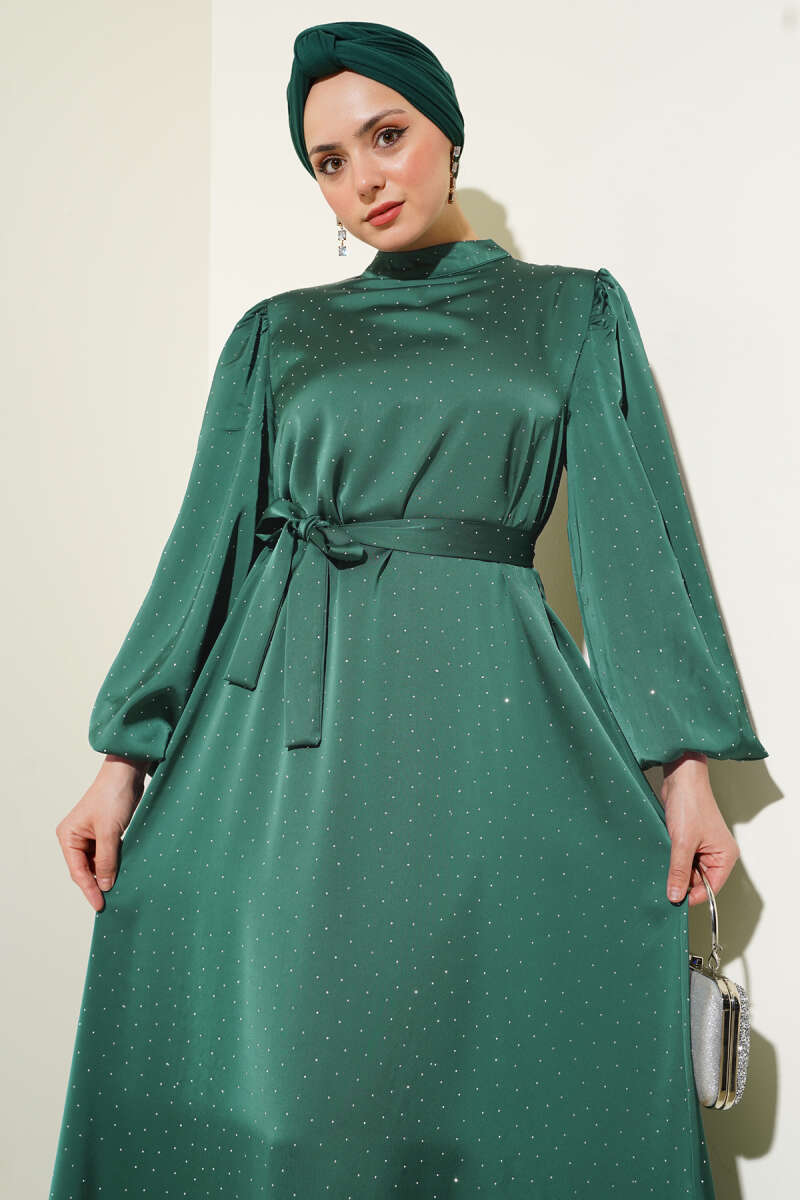 Balloon-Sleeve Satin Dress with Mini Stones - Emerald