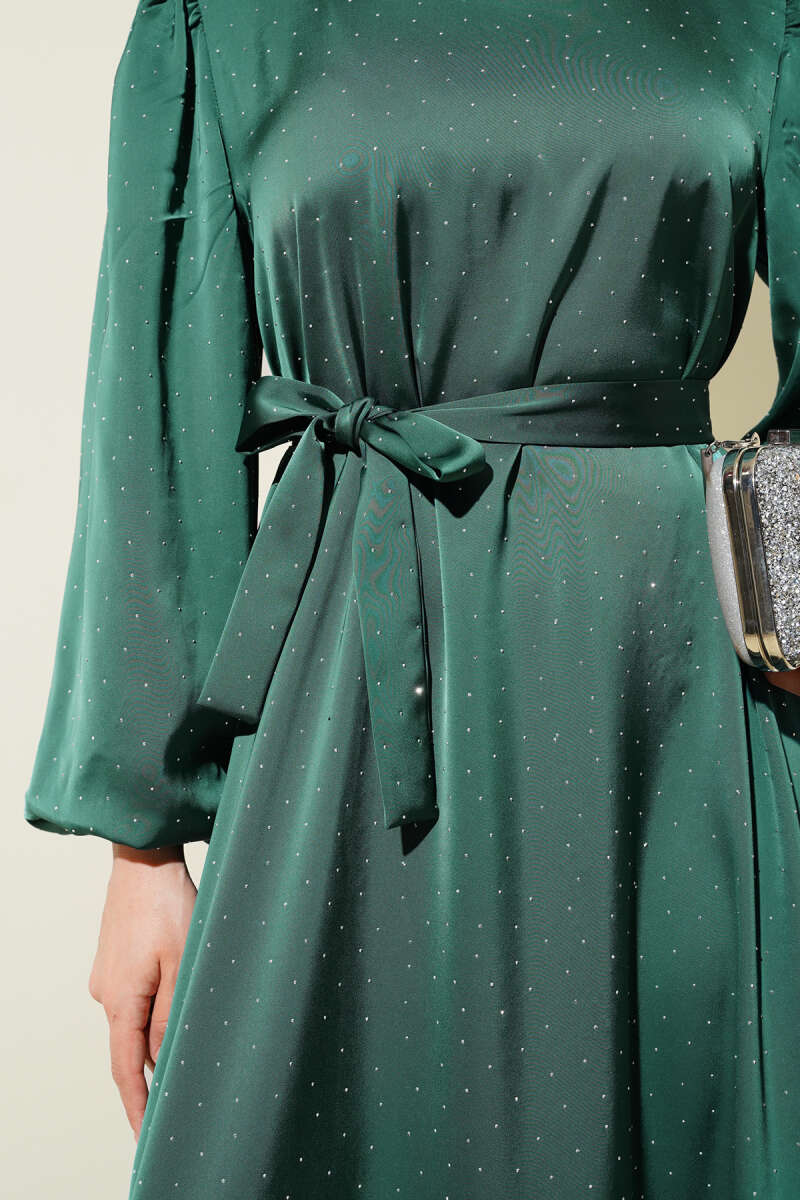 Balloon-Sleeve Satin Dress with Mini Stones - Emerald