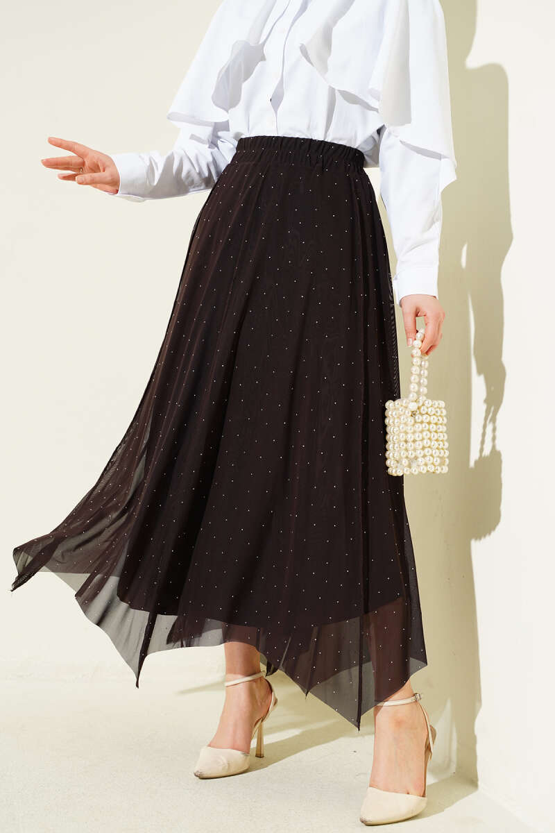 Mini-Stone Skirt with Elastic Waist - Brown