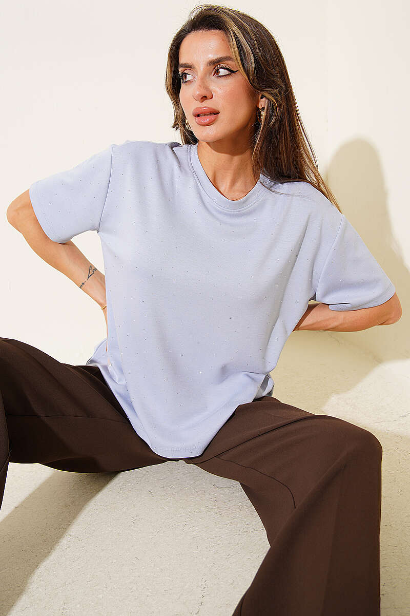 Crew-Neck T-Shirt with Mini Stones - Ice Blue
