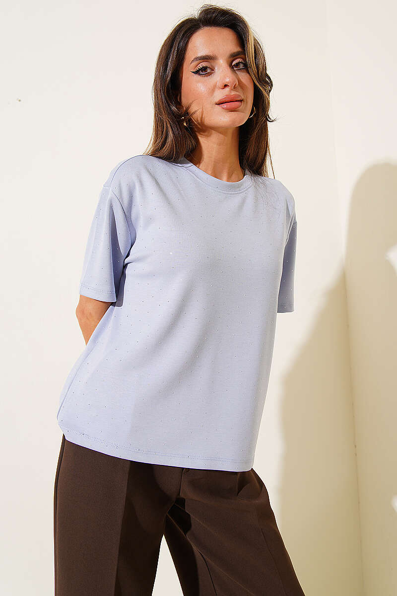Crew-Neck T-Shirt with Mini Stones - Ice Blue