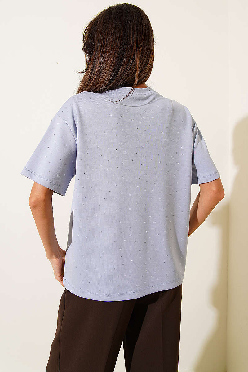 Crew-Neck T-Shirt with Mini Stones - Ice Blue