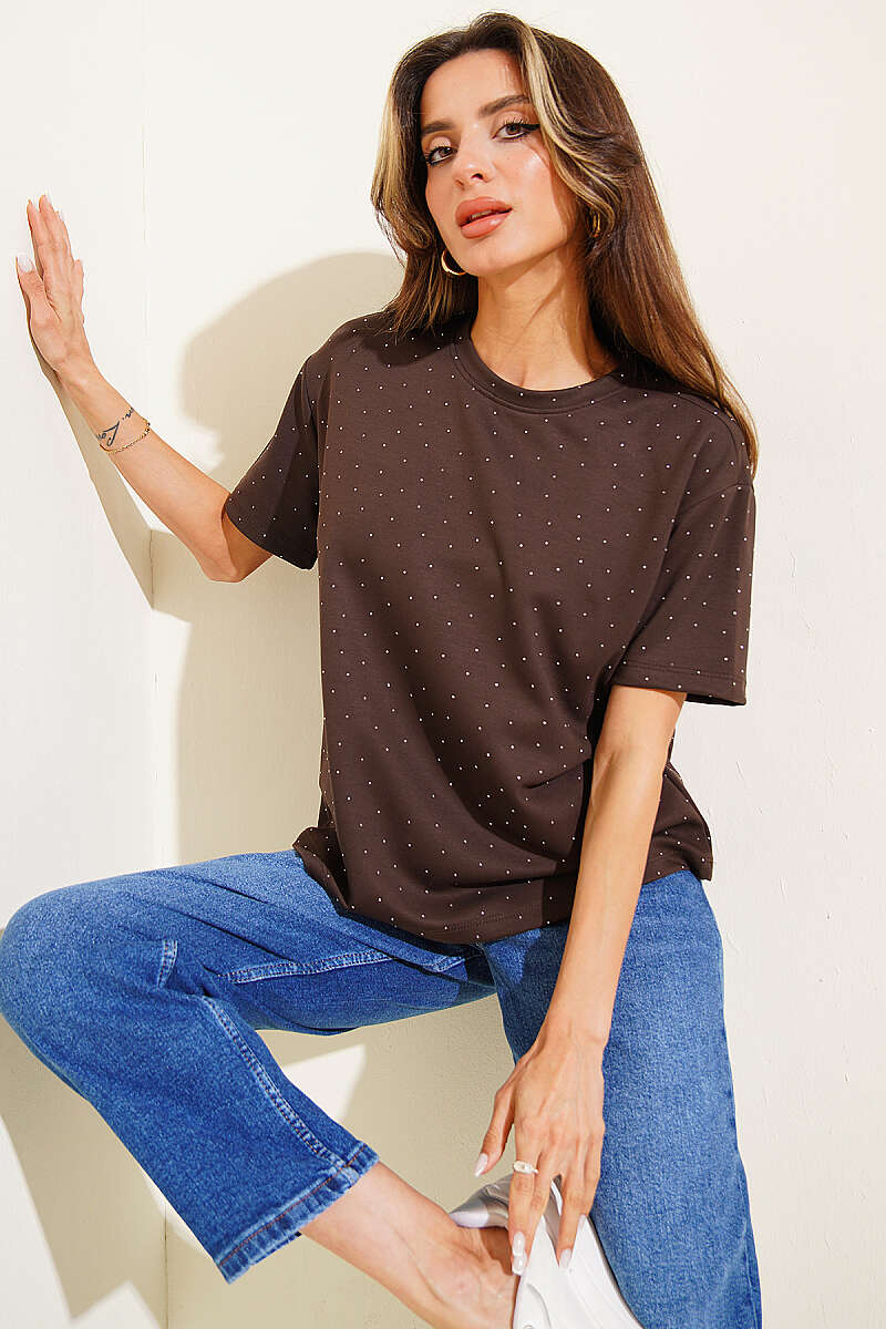 Crew-Neck T-Shirt with Mini Stones - Brown