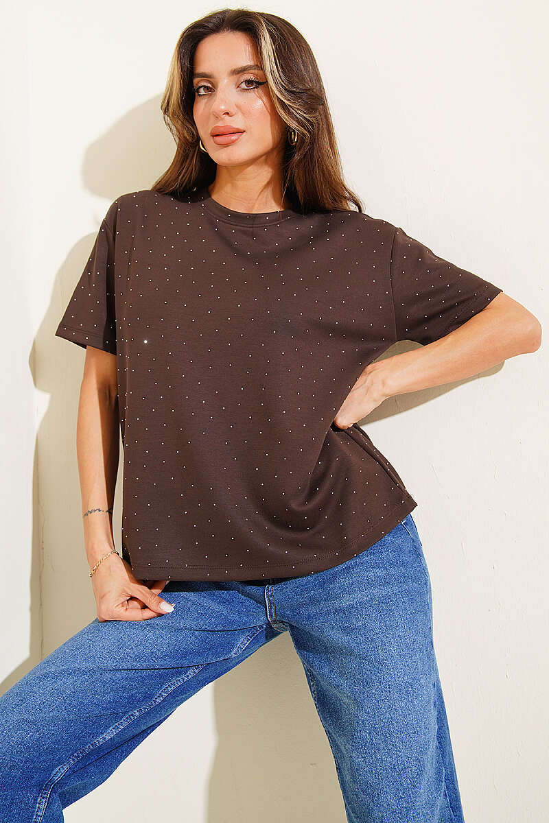 Crew-Neck T-Shirt with Mini Stones - Brown