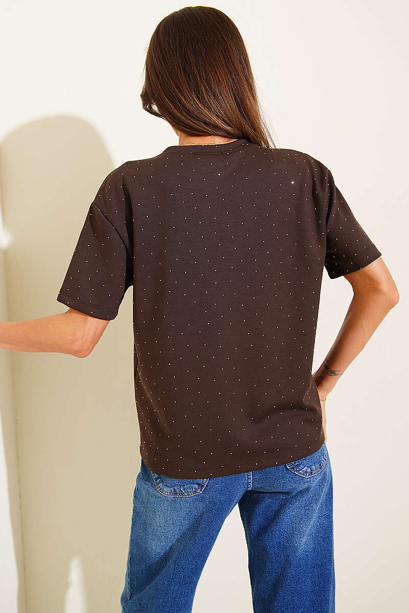Crew-Neck T-Shirt with Mini Stones - Brown