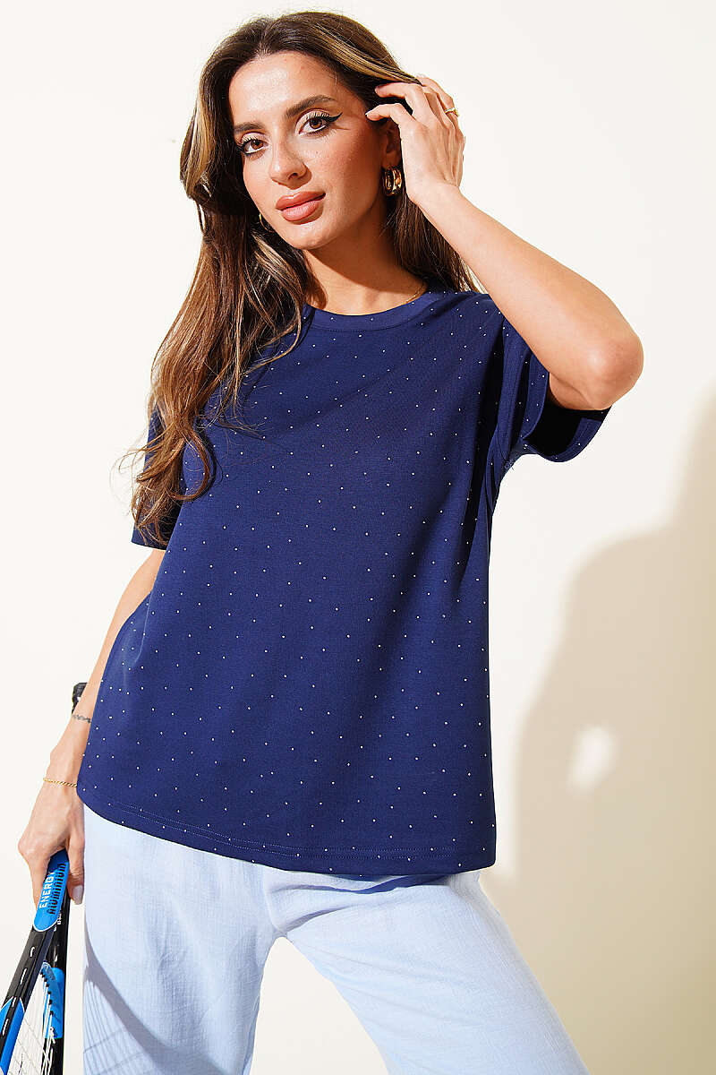 Crew-Neck T-Shirt with Mini Stones - Navy