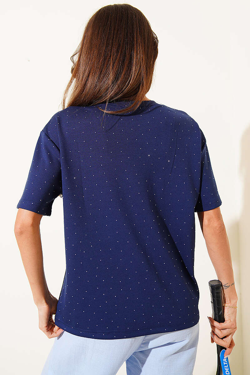 Crew-Neck T-Shirt with Mini Stones - Navy