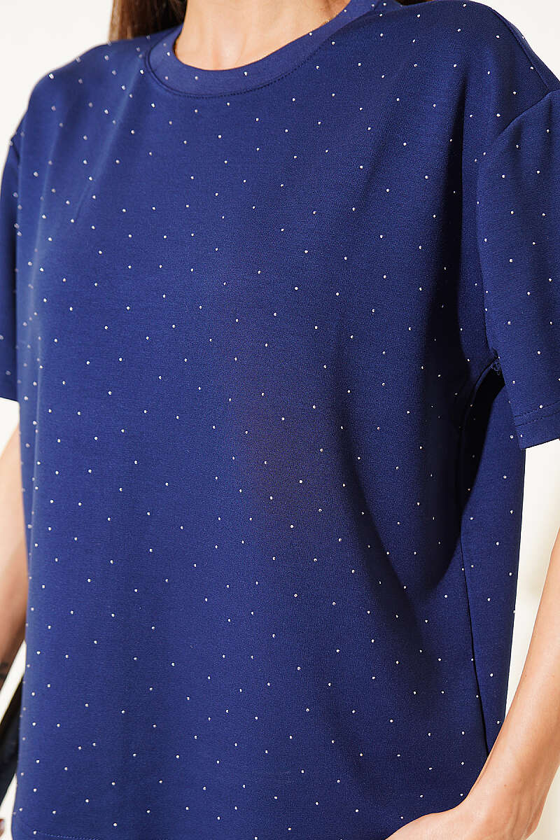Crew-Neck T-Shirt with Mini Stones - Navy