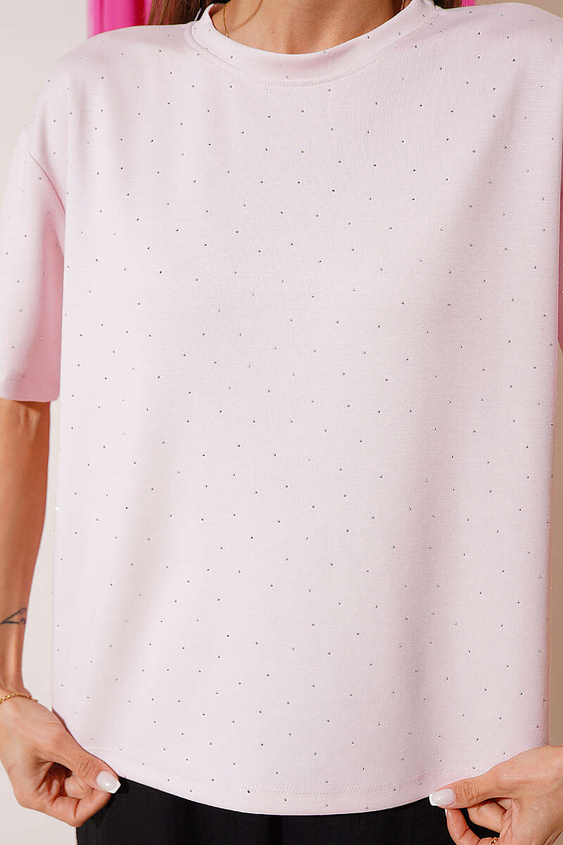Crew-Neck T-Shirt with Mini Stones - Pink