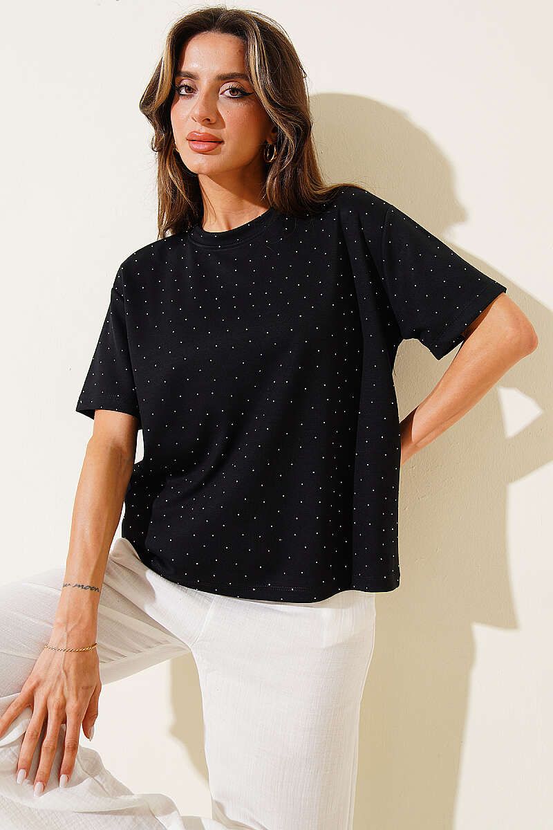 Crew-Neck T-Shirt with Mini Stones - Black